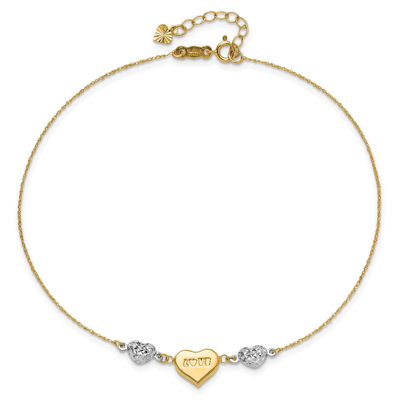 14K Two-tone Diamond-cut Puffed Heart LOVE 9in Plus 1in ext Anklet-ANK253-9