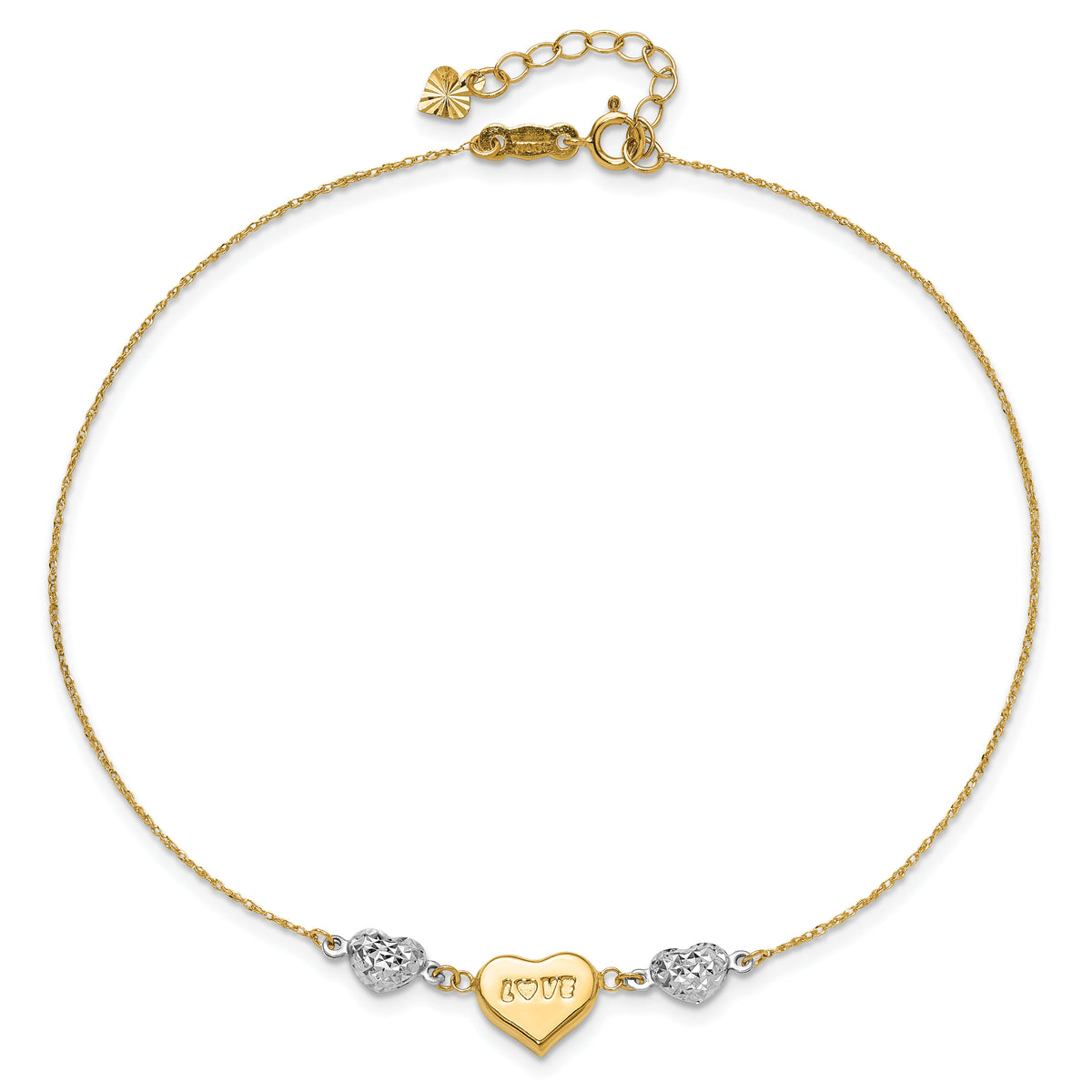 14K Two-tone Diamond-cut Puffed Heart LOVE 10in Plus 1in ext. Anklet-ANK253-10
