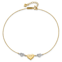 14K Two-tone Diamond-cut Puffed Heart LOVE 10in Plus 1in ext. Anklet-ANK253-10