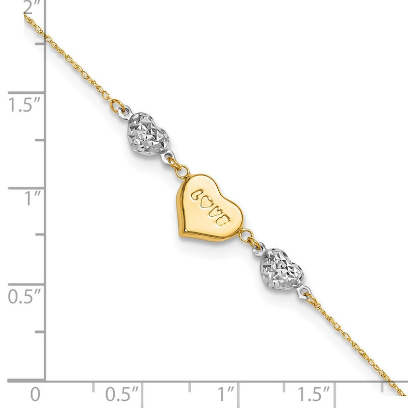 14K Two-tone Diamond-cut Puffed Heart LOVE 9in Plus 1in ext Anklet-ANK253-9