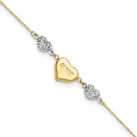 14K Two-tone Diamond-cut Puffed Heart LOVE 10in Plus 1in ext. Anklet-ANK253-10