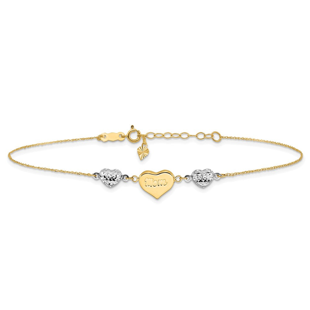 14K Two-tone Diamond-cut Puffed Hearts MOM 10in Plus 1in ext Anklet-ANK254-10