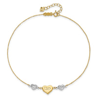 14K Two-tone Diamond-cut Puffed Hearts MOM 10in Plus 1in ext Anklet-ANK254-10