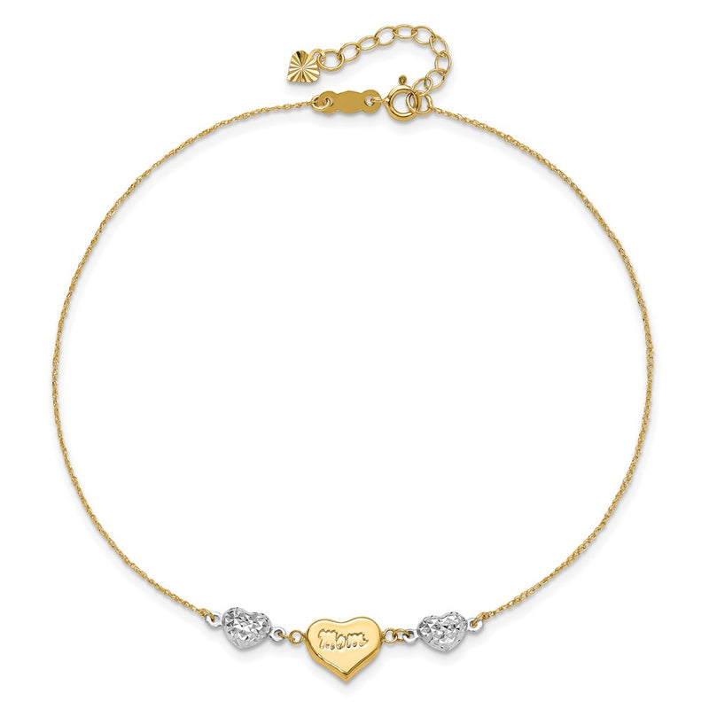 14K Two-tone Diamond-cut Puffed Hearts MOM 10in Plus 1in ext Anklet-ANK254-10