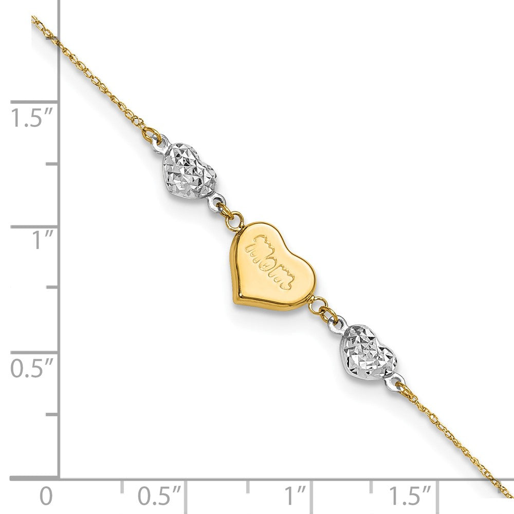 14K Two-tone Diamond-cut Puffed Hearts MOM 10in Plus 1in ext Anklet-ANK254-10