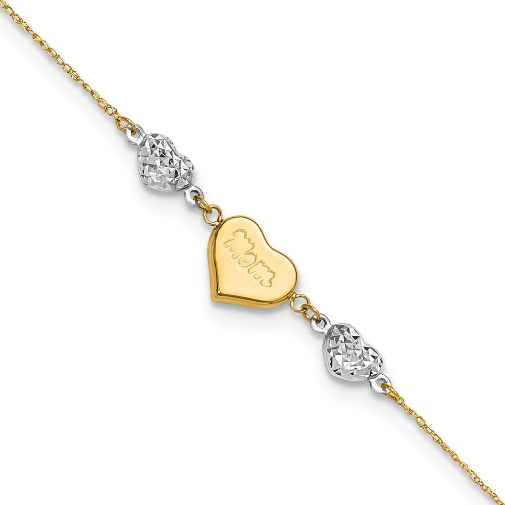 14K Two-tone Diamond-cut Puffed Hearts MOM 10in Plus 1in ext Anklet-ANK254-10