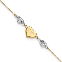 14K Two-tone Diamond-cut Puffed Hearts MOM 10in Plus 1in ext Anklet-ANK254-10