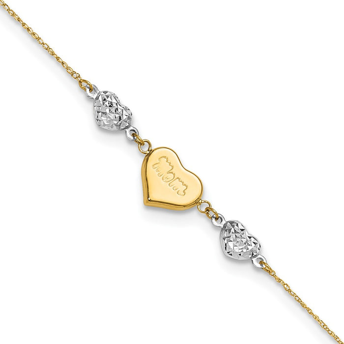 14K Two-tone Diamond-cut Puffed Hearts MOM 9in Plus 1in ext Anklet-ANK254-9