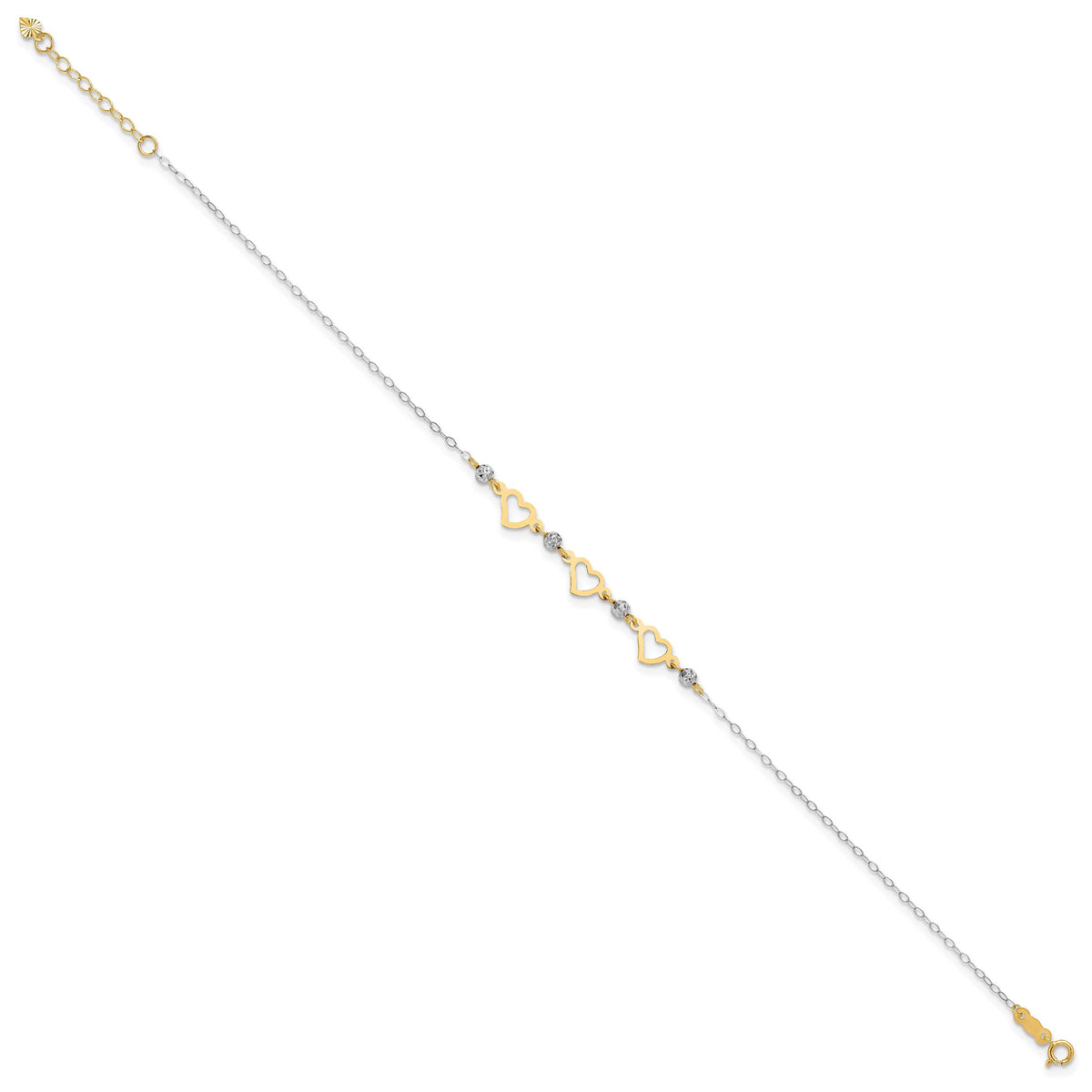 14K Two-tone Oval Link Diamond-cut Beads and Heart 10in Plus 1in Ext Anklet-ANK257-10
