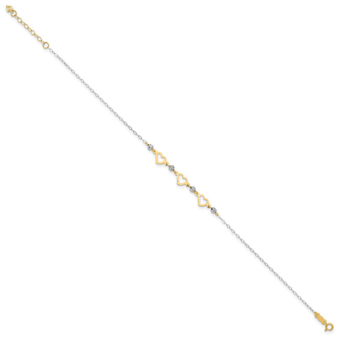 14K Two-tone Oval Link Diamond-cut Beads and Heart 10in Plus 1in Ext Anklet-ANK257-10