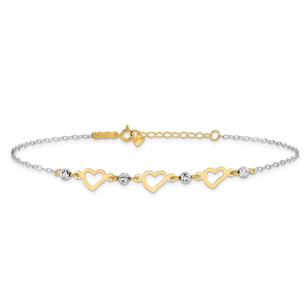 14K Two-tone Oval Link Diamond-cut Beads and Heart 9in Plus 1in Ext Anklet-ANK257-9