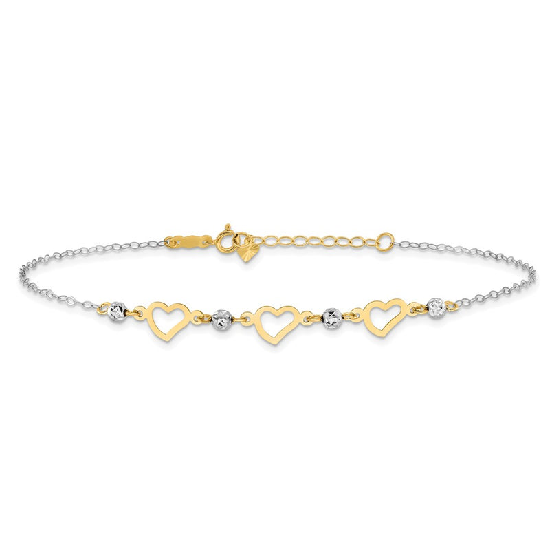 14K Two-tone Oval Link Diamond-cut Beads and Heart 9in Plus 1in Ext Anklet-ANK257-9