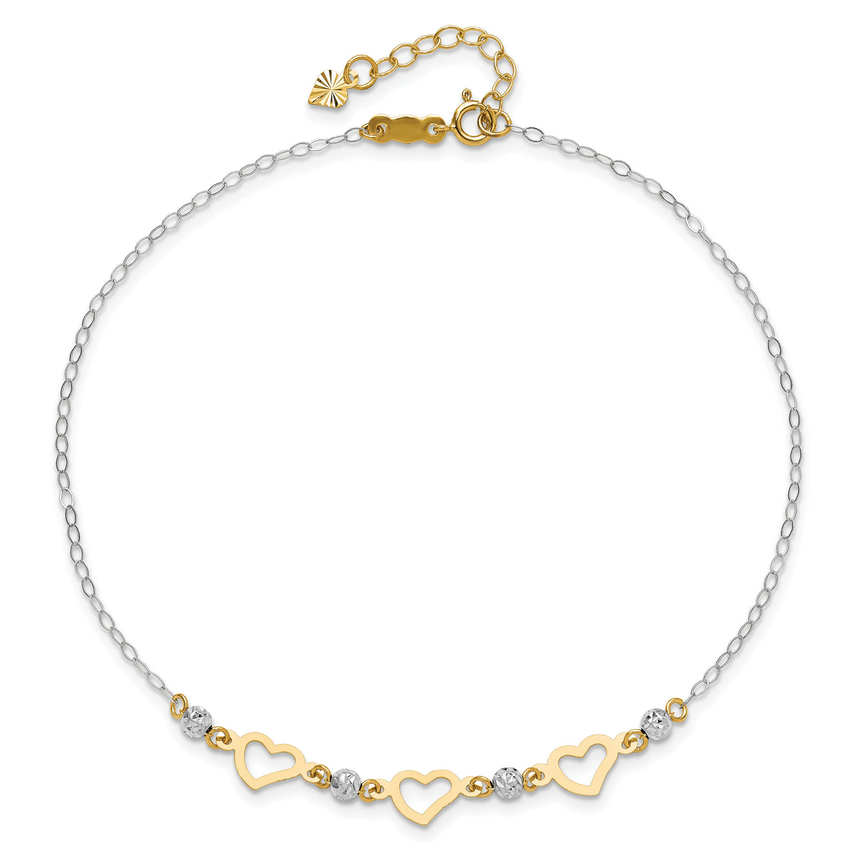 14K Two-tone Oval Link Diamond-cut Beads and Heart 10in Plus 1in Ext Anklet-ANK257-10
