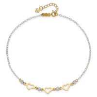 14K Two-tone Oval Link Diamond-cut Beads and Heart 10in Plus 1in Ext Anklet-ANK257-10