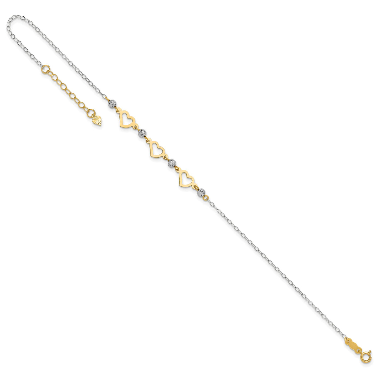 14K Two-tone Oval Link Diamond-cut Beads and Heart 10in Plus 1in Ext Anklet-ANK257-10