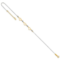 14K Two-tone Oval Link Diamond-cut Beads and Heart 10in Plus 1in Ext Anklet-ANK257-10