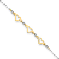 14K Two-tone Oval Link Diamond-cut Beads and Heart 10in Plus 1in Ext Anklet-ANK257-10