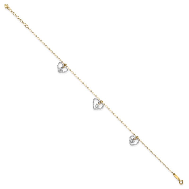 14K Two-tone Twisted and Diamond Cut Hearts 9in Plus 1in ext Anklet-ANK258-9