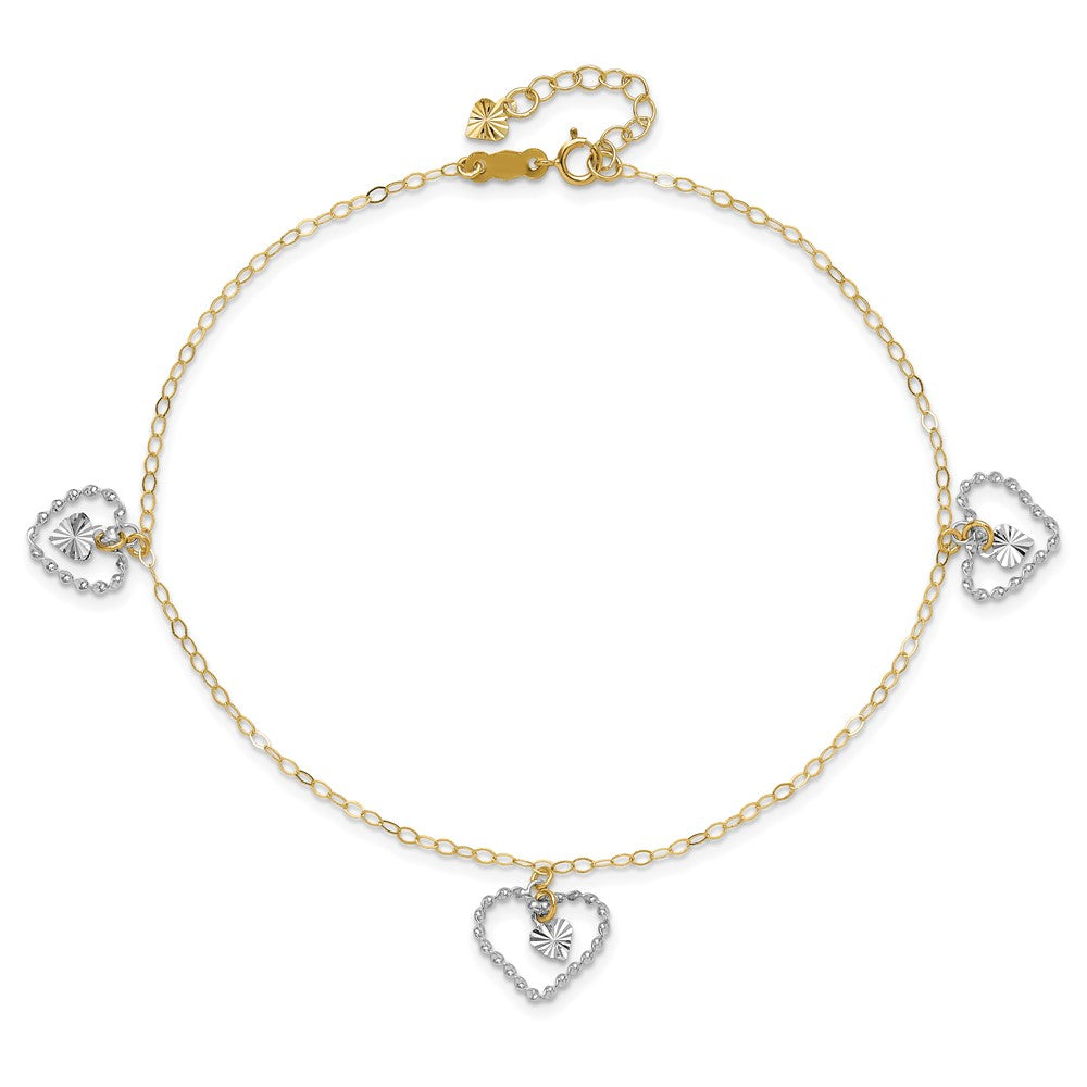 14K Two-tone Twisted and Diamond Cut Hearts 9in Plus 1in ext Anklet-ANK258-9