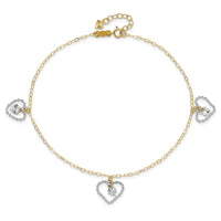 14K Two-tone Twisted and Diamond Cut Hearts 9in Plus 1in ext Anklet-ANK258-9