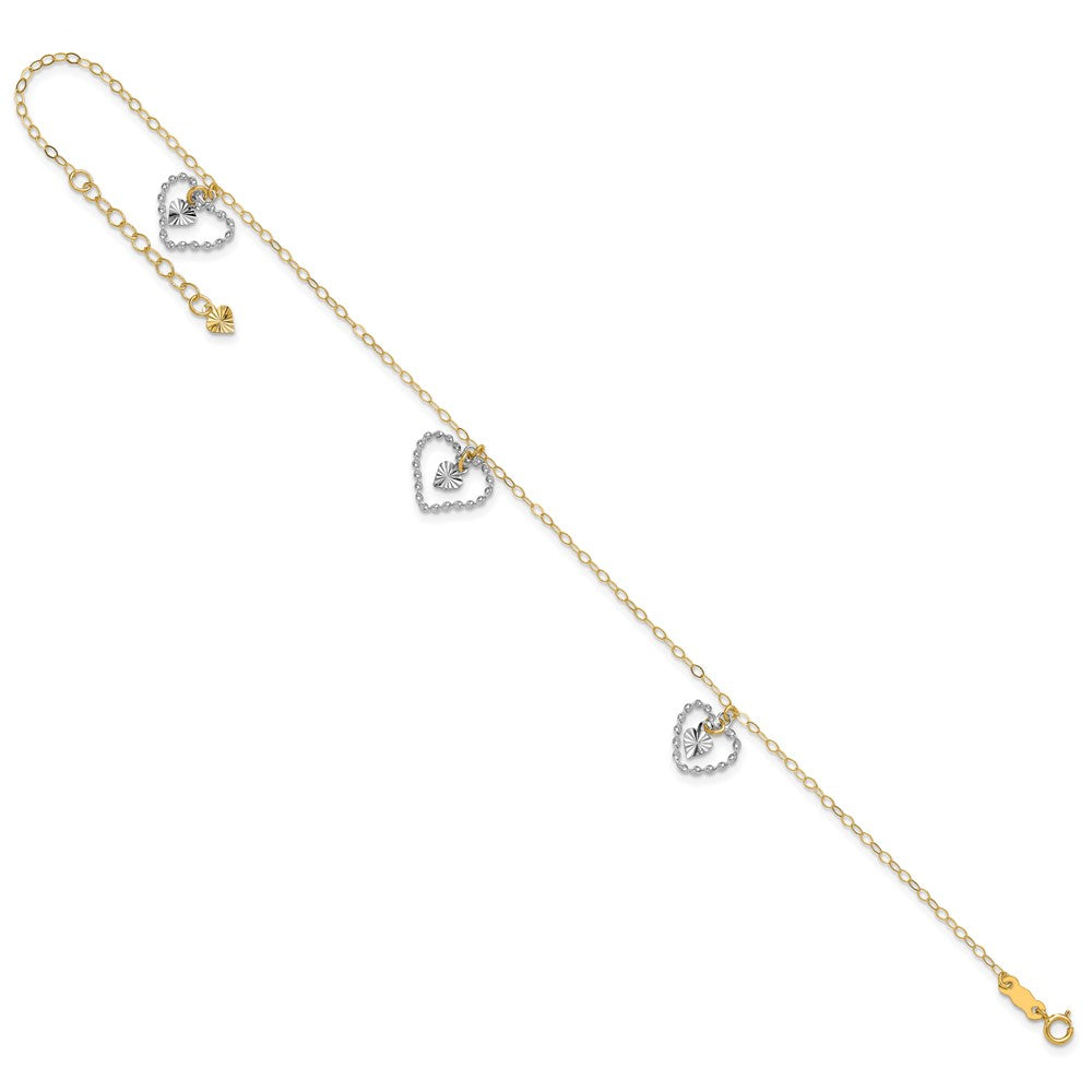 14K Two-tone Twisted and Diamond Cut Hearts 9in Plus 1in ext Anklet-ANK258-9