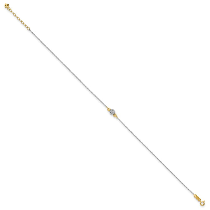 14K White Gold Ropa Two-tone Diamond Cut Bead 9in Plus 1in Ext. Anklet-ANK259-9