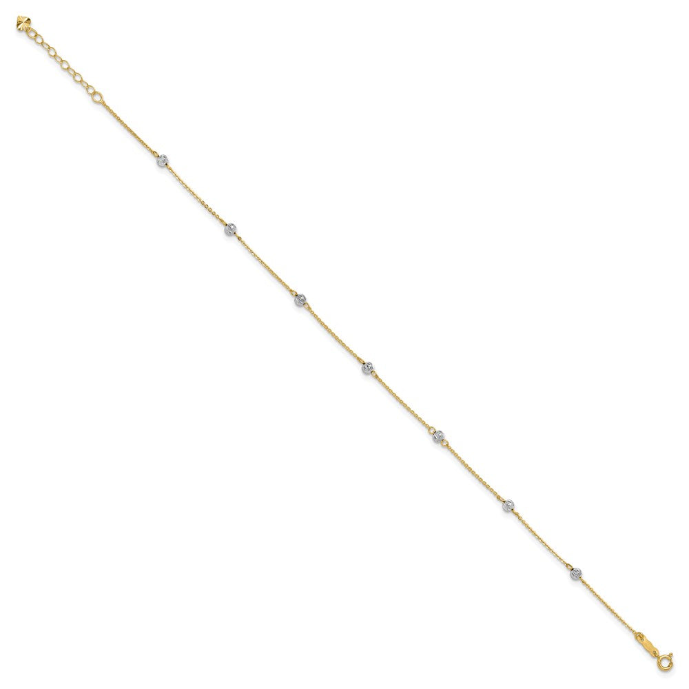 14K Two-tone Diamond-cut Beads 9in Plus 1in Ext. Anklet-ANK261-9