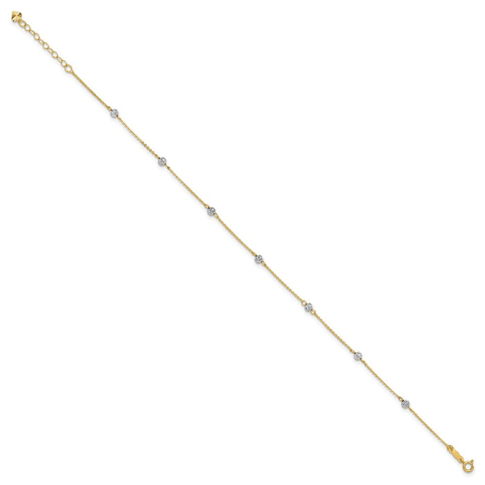 14K Two-tone Diamond-cut Beads 9in Plus 1in Ext. Anklet-ANK261-9