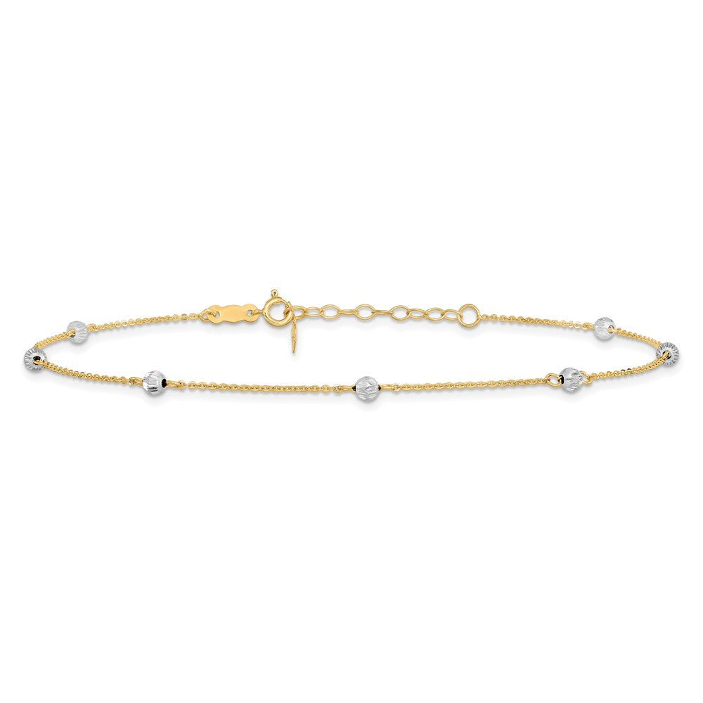 14K Two-tone Diamond-cut Beads 9in Plus 1in Ext. Anklet-ANK261-9