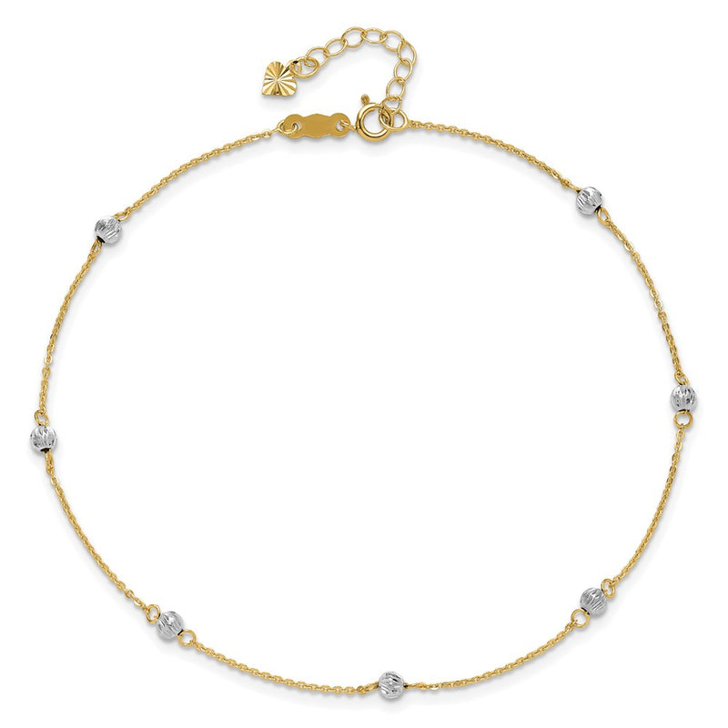 14K Two-tone Diamond-cut Beads 9in Plus 1in Ext. Anklet-ANK261-9