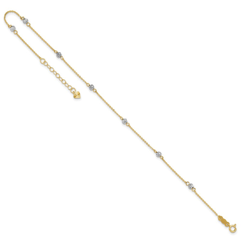 14K Two-tone Diamond-cut Beads 9in Plus 1in Ext. Anklet-ANK261-9