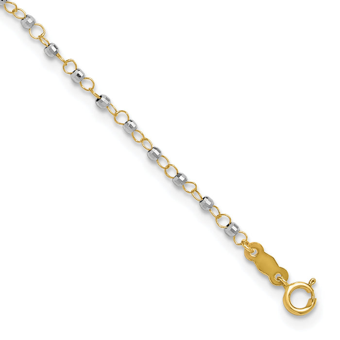 14K Two-tone Circle Chain with Mirror Beads 9in Plus 1in Ext. Anklet-ANK263-9