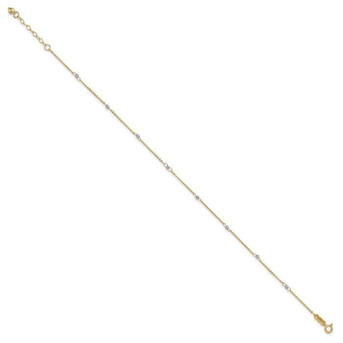 14k Two-tone Cable with Mirror Beads 9in Plus 1in Ext. Anklet-ANK264-9