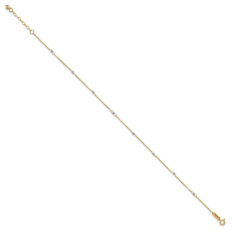 14k Two-tone Cable with Mirror Beads 9in Plus 1in Ext. Anklet-ANK264-9