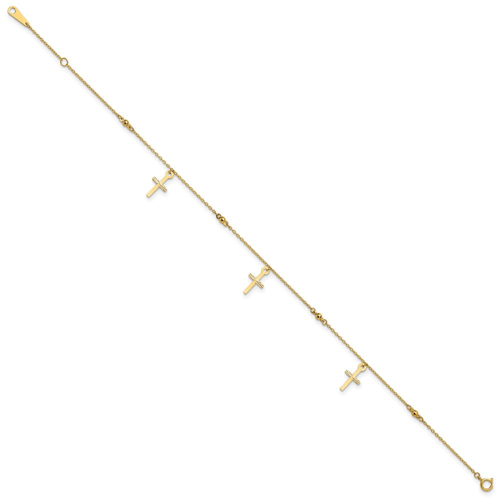 14k Polished and Diamond-cut Cross 9in Plus 1in ext. Anklet-ANK267-9