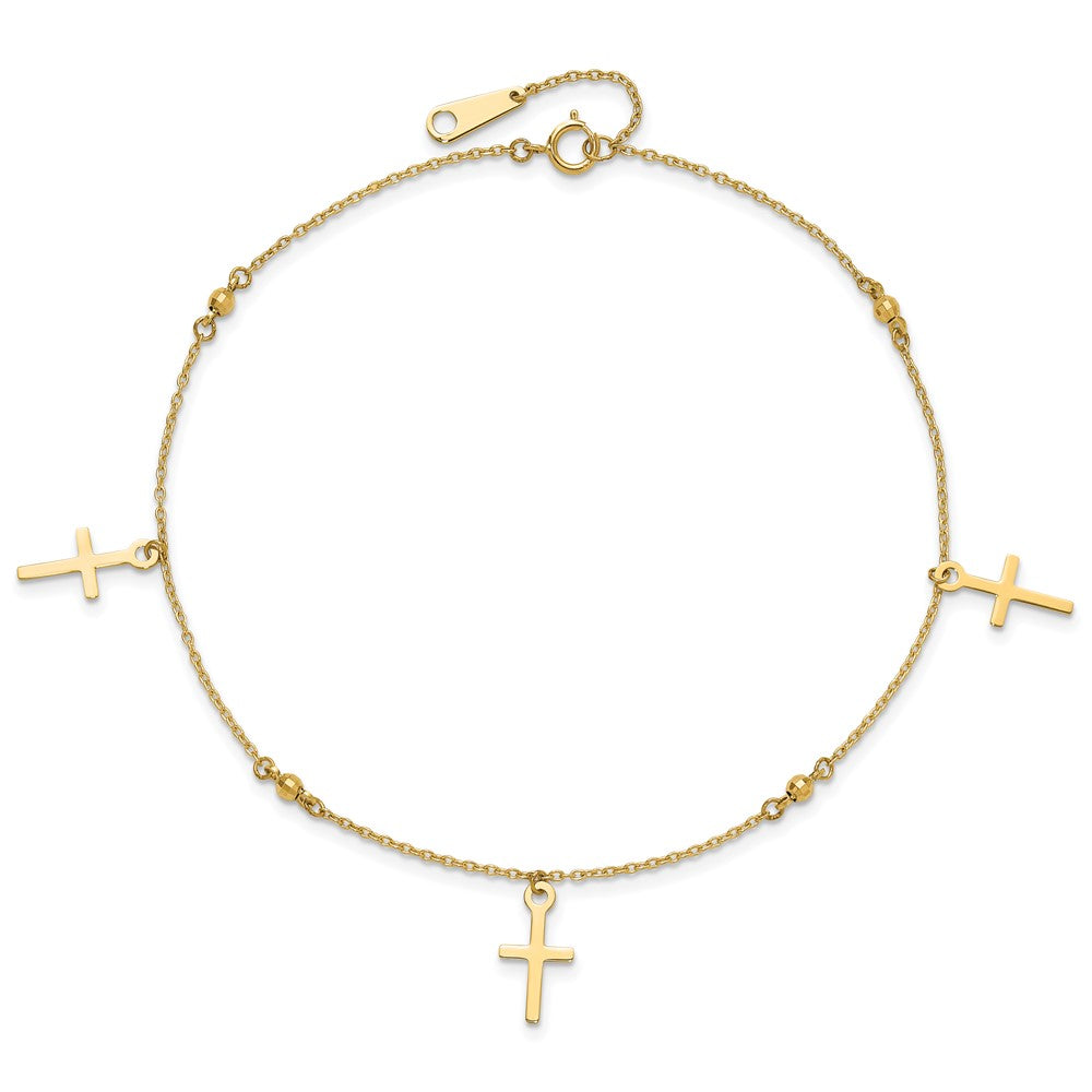 14k Polished and Diamond-cut Cross 9in Plus 1in ext. Anklet-ANK267-9