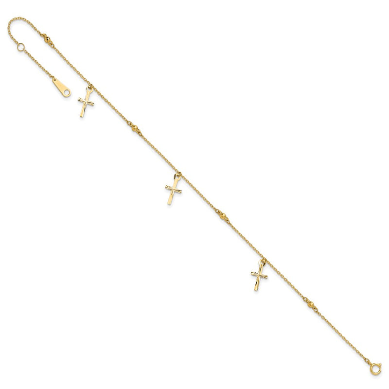 14k Polished and Diamond-cut Cross 9in Plus 1in ext. Anklet-ANK267-9