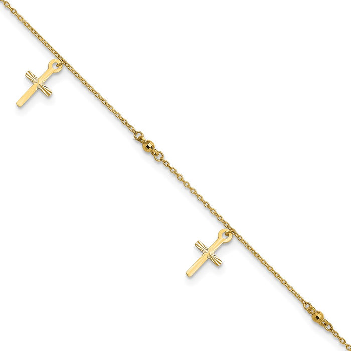 14k Polished and Diamond-cut Cross 9in Plus 1in ext. Anklet-ANK267-9