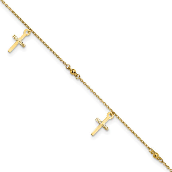 14k Polished and Diamond-cut Cross 9in Plus 1in ext. Anklet-ANK267-9