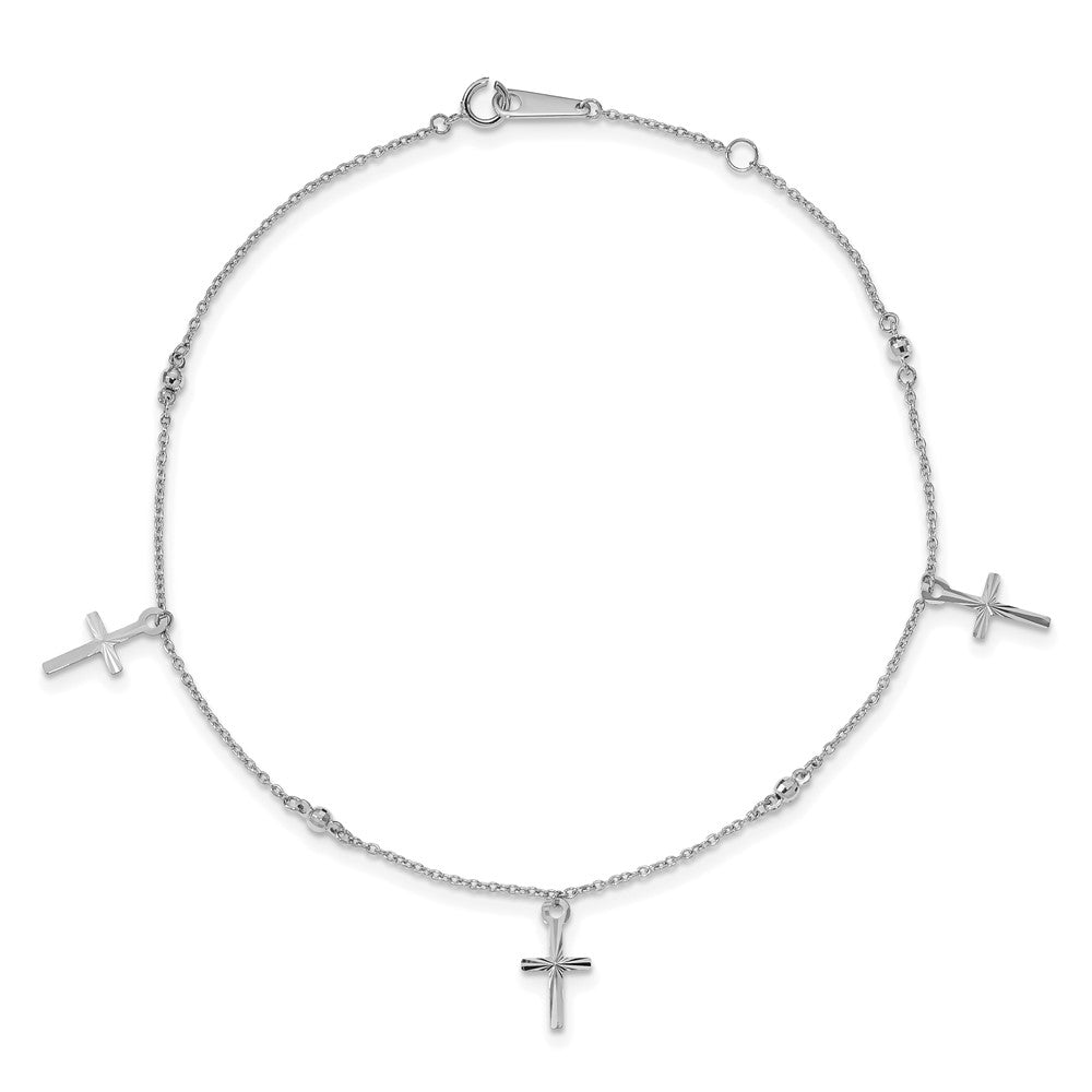 14k White Gold Polished and Diamond-cut Cross 9in Plus 1in ext. Anklet-ANK267W-9