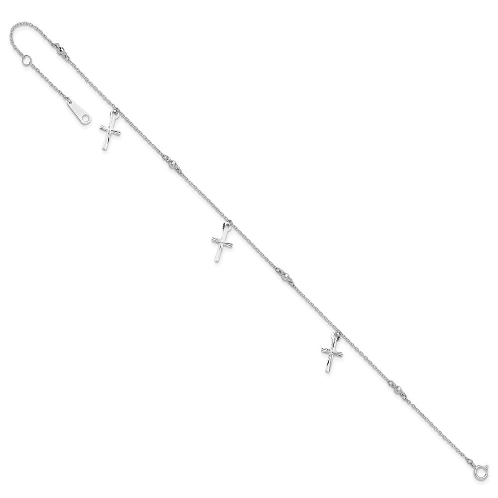 14k White Gold Polished and Diamond-cut Cross 9in Plus 1in ext. Anklet-ANK267W-9