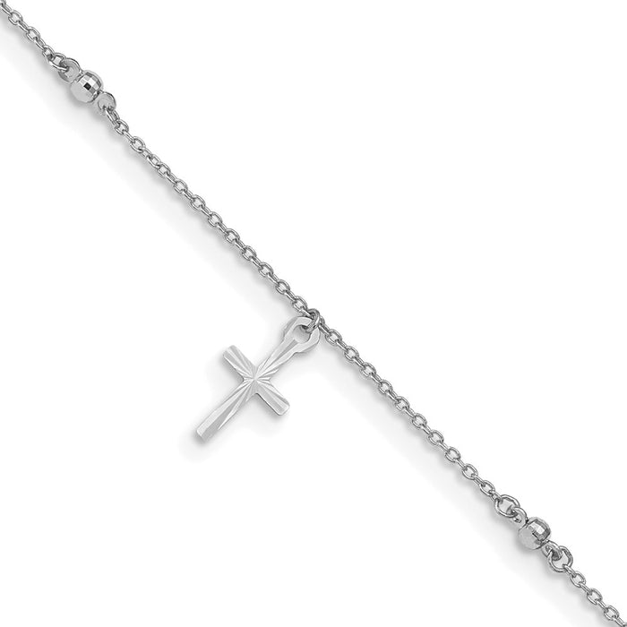 14k White Gold Polished and Diamond-cut Cross 9in Plus 1in ext. Anklet-ANK267W-9