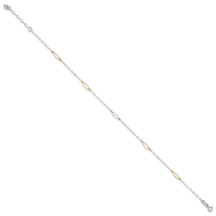 14K Tri-color Oval Link 9in Plus 1in Ext. Anklet-ANK269-9