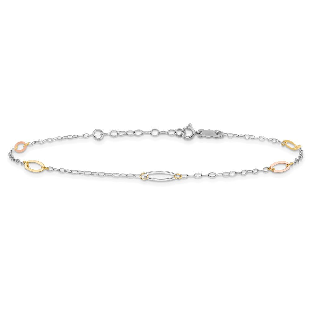 14K Tri-color Oval Link 9in Plus 1in Ext. Anklet-ANK269-9