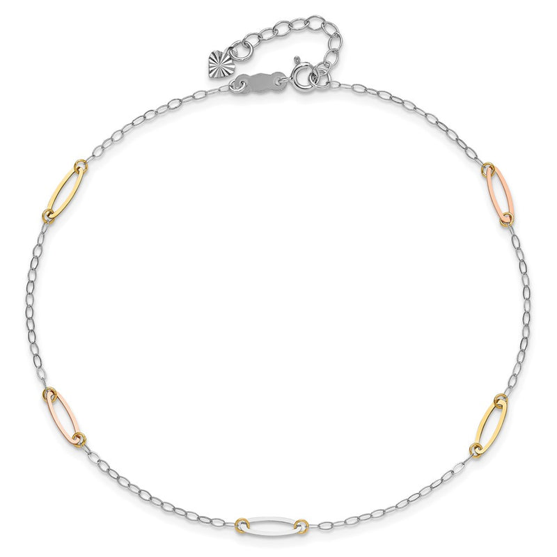 14K Tri-color Oval Link 9in Plus 1in Ext. Anklet-ANK269-9