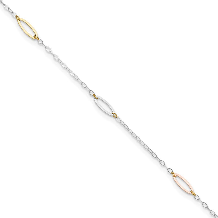 14K Tri-color Oval Link 9in Plus 1in Ext. Anklet-ANK269-9