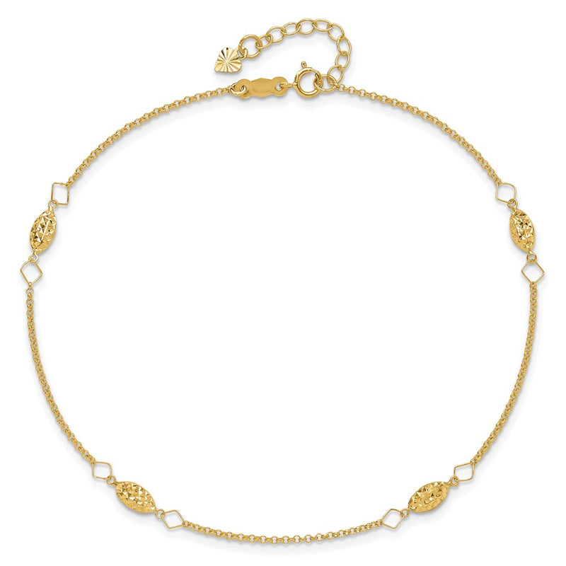 14K Circle Chain Diamond Cut Rice Puff Beads 9in Plus 1in Ext Anklet-ANK272-9