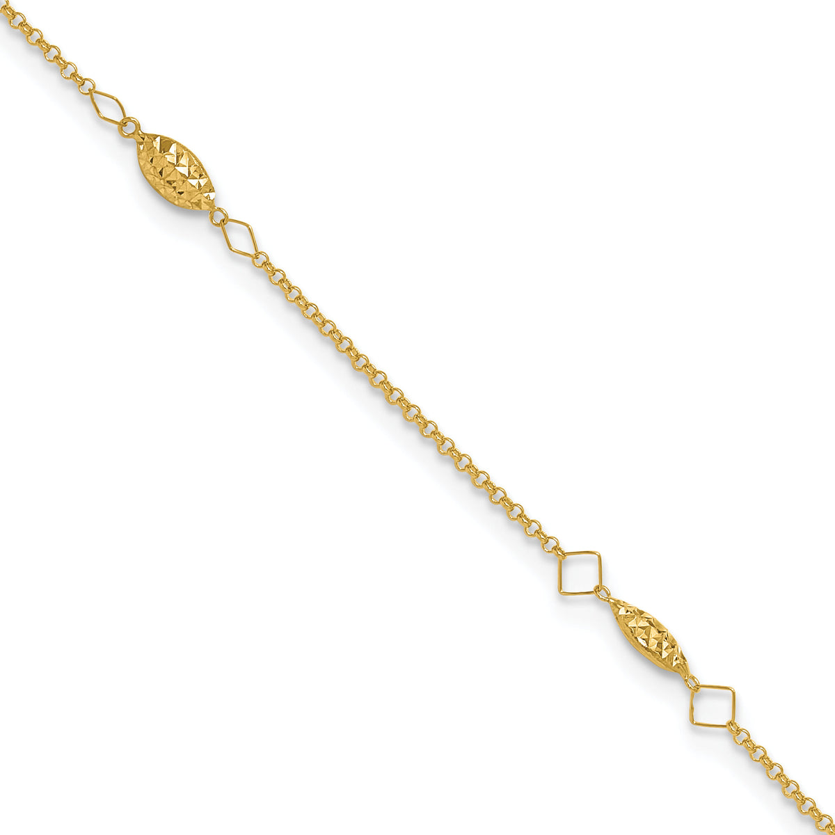 14K Circle Chain Diamond Cut Rice Puff Beads 10in Plus 1in Ext Anklet-ANK272-10