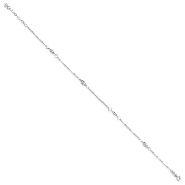 14K White Gold Circle Chain Diamond Cut Rice Puff Beads 9in Plus 1in Ext An-ANK272W-9