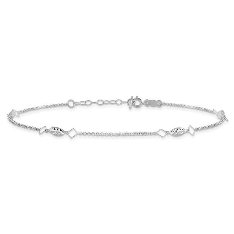 14K White Gold Circle Chain Diamond Cut Rice Puff Beads 9in Plus 1in Ext An-ANK272W-9